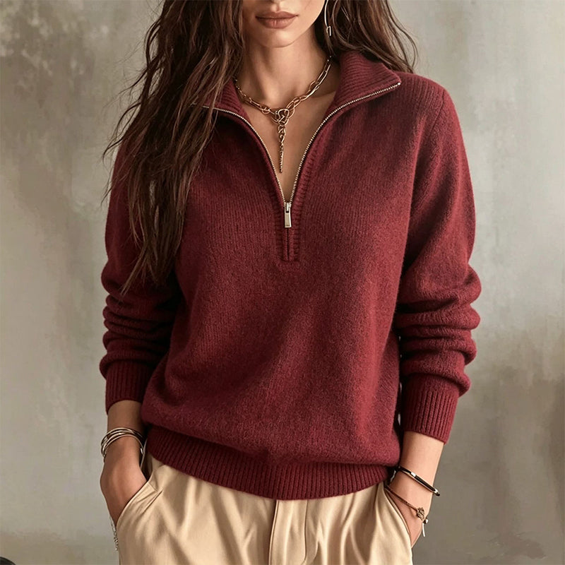 Pull femme décontracté à col demi-zippé et couleur unie