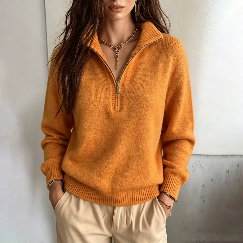 Pull femme décontracté à col demi-zippé et couleur unie