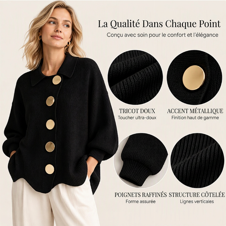 Gilet en maille élégant à col revers pour femme avec boutons dorés