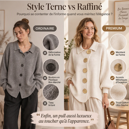 Gilet en maille élégant à col revers pour femme avec boutons dorés