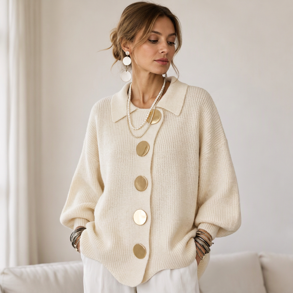 Gilet en maille élégant à col revers pour femme avec boutons dorés