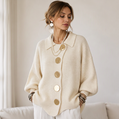 Gilet en maille élégant à col revers pour femme avec boutons dorés