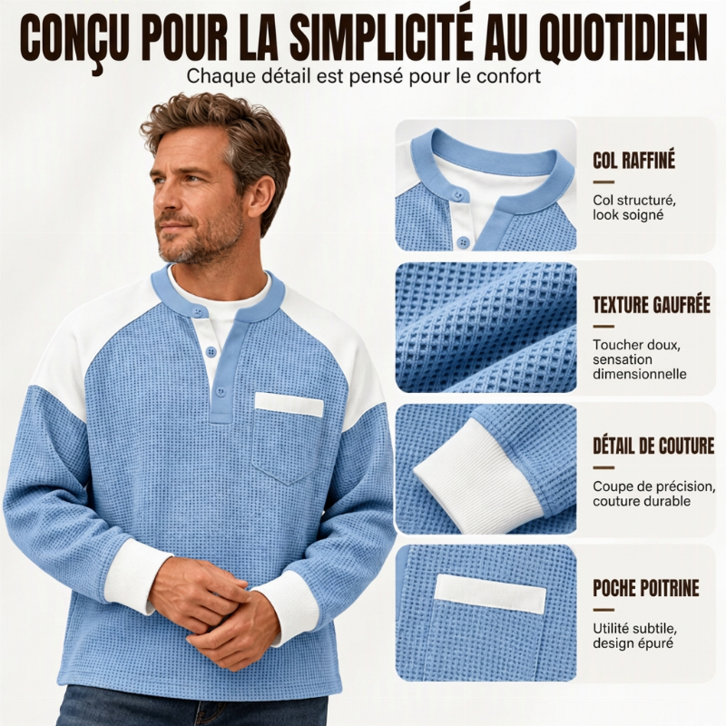 Haut Henley décontracté en maille gaufrée à blocs de couleurs pour hommes