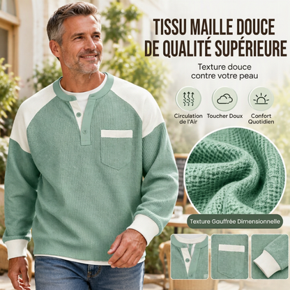 Haut Henley décontracté en maille gaufrée à blocs de couleurs pour hommes