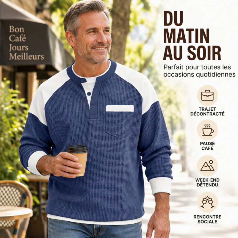 Haut Henley décontracté en maille gaufrée à blocs de couleurs pour hommes