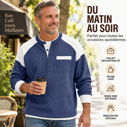 Haut Henley décontracté en maille gaufrée à blocs de couleurs pour hommes