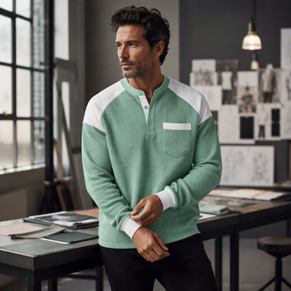 Haut Henley décontracté en maille gaufrée à blocs de couleurs pour hommes