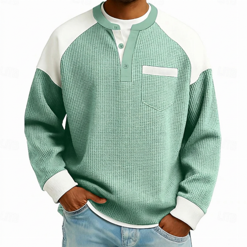 Haut Henley décontracté en maille gaufrée à blocs de couleurs pour hommes