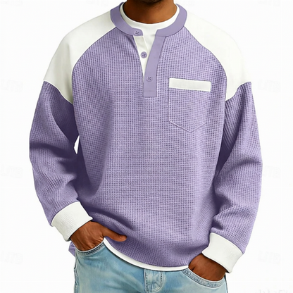 Haut Henley décontracté en maille gaufrée à blocs de couleurs pour hommes