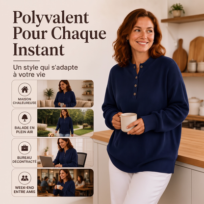Sweat Henley en maille gaufrière pour femme