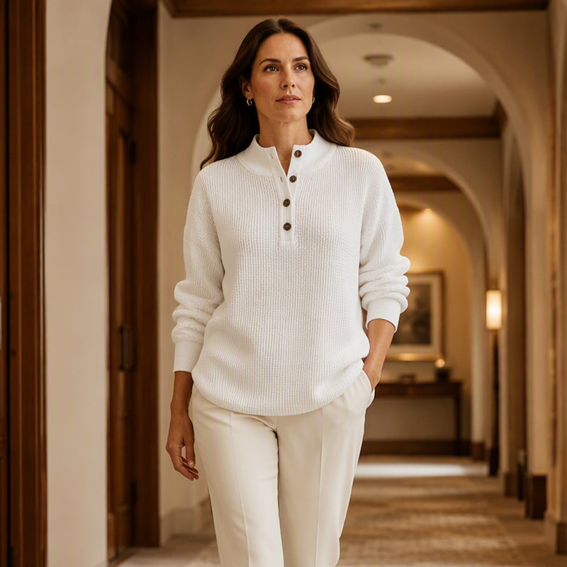 Sweat Henley en maille gaufrière pour femme