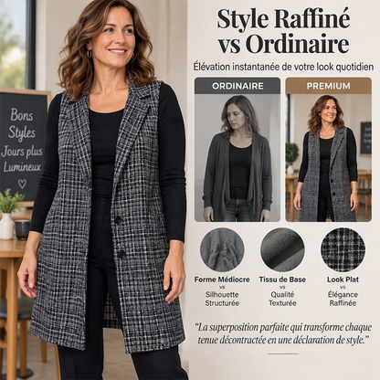 Gilet long à carreaux pour femme avec col à revers
