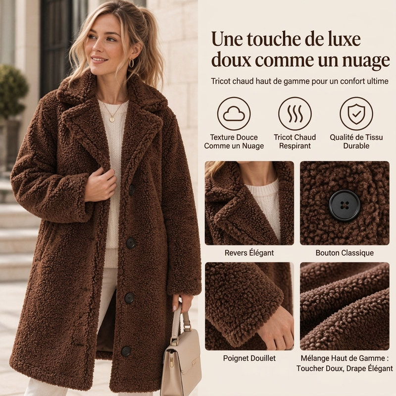 Manteau d'hiver chaud en peluche pour femme, à col tailleur et boutons pression
