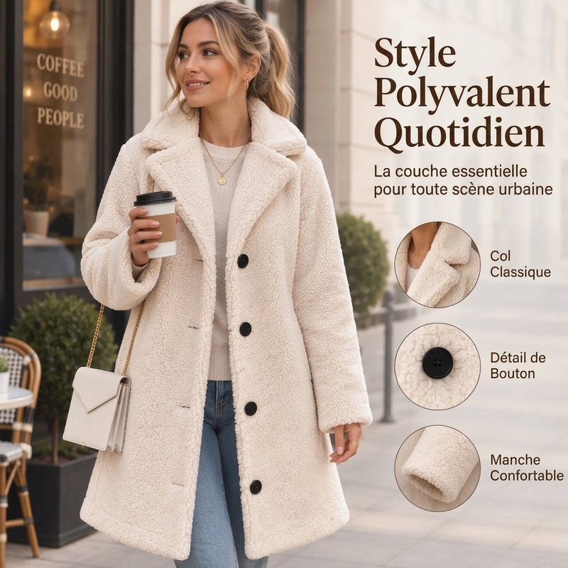 Manteau d'hiver chaud en peluche pour femme, à col tailleur et boutons pression