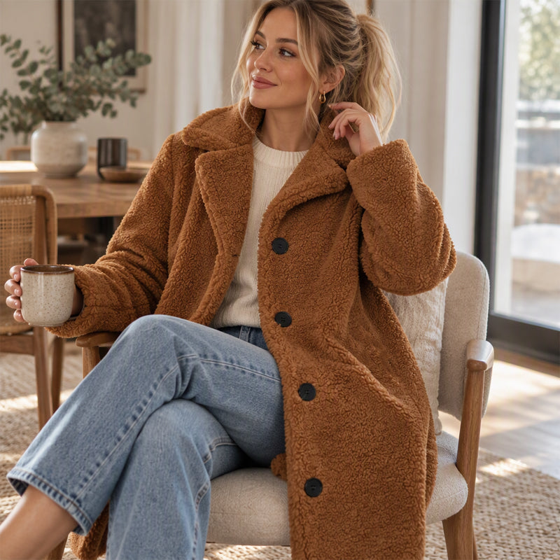Manteau d'hiver chaud en peluche pour femme, à col tailleur et boutons pression