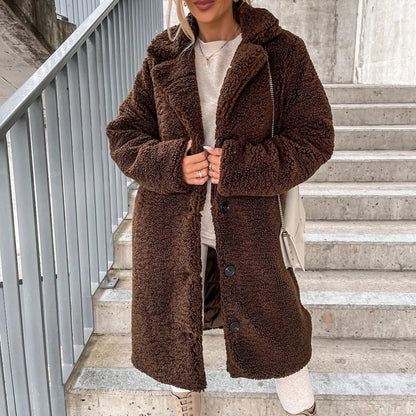 Manteau d'hiver chaud en peluche pour femme, à col tailleur et boutons pression