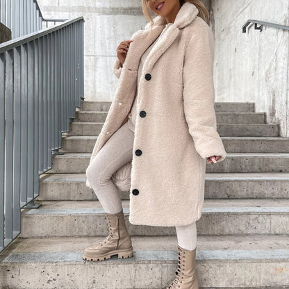 Manteau d'hiver chaud en peluche pour femme, à col tailleur et boutons pression