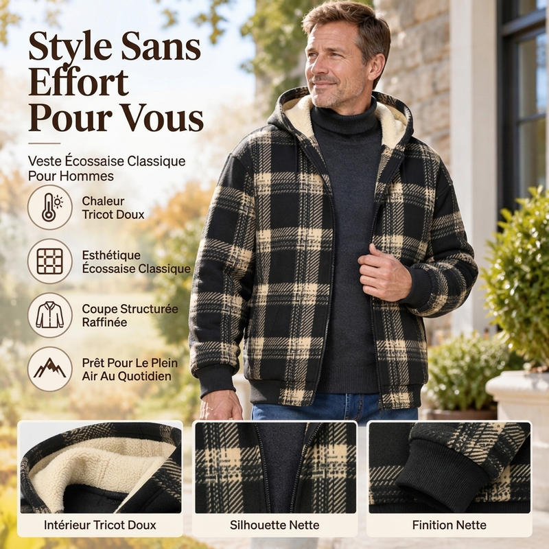 Veste à capuche en tissu à carreaux chaude pour hommes