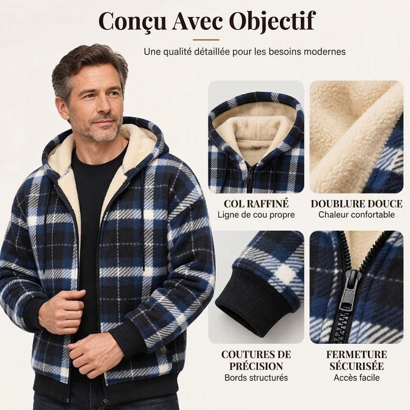 Veste à capuche en tissu à carreaux chaude pour hommes