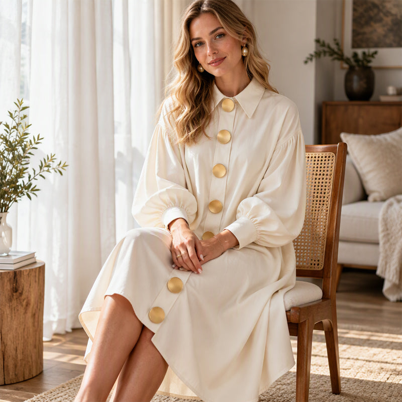 Robe Femme Vintage à Boutons et Manches Bouffantes