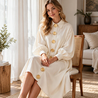 Robe Femme Vintage à Boutons et Manches Bouffantes