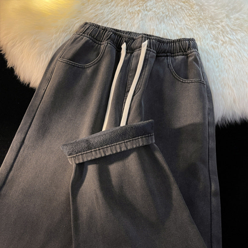 Jeans en denim droit pour femme, doublure chaude