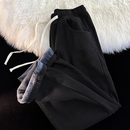 Jeans en denim droit pour femme, doublure chaude