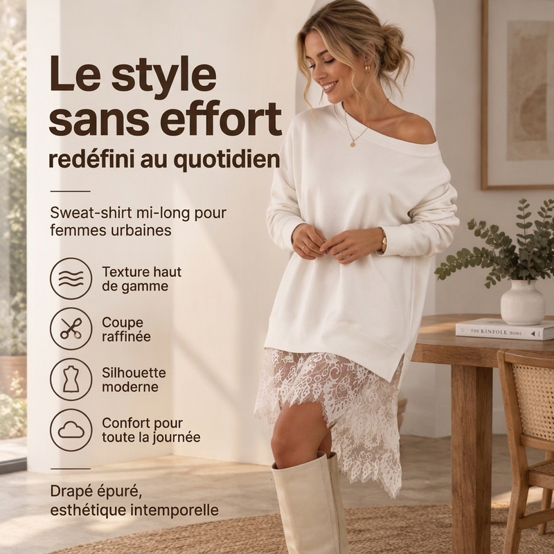 Sweat-shirt mi-long élégant à bordure en dentelle pour femme