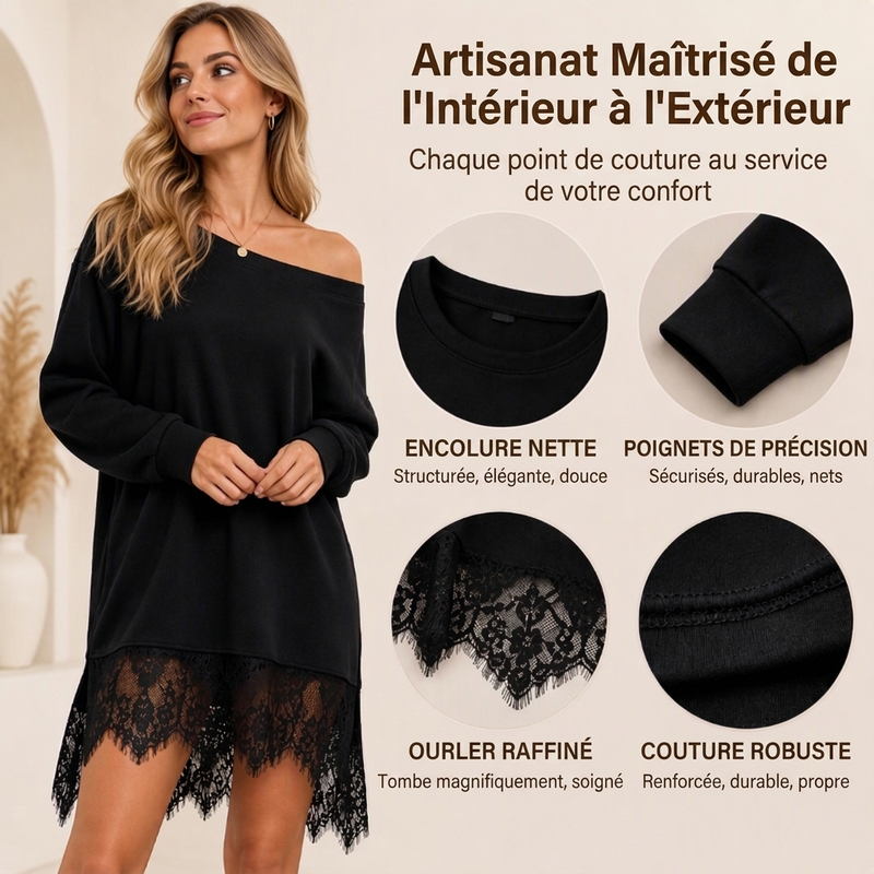 Sweat-shirt mi-long élégant à bordure en dentelle pour femme
