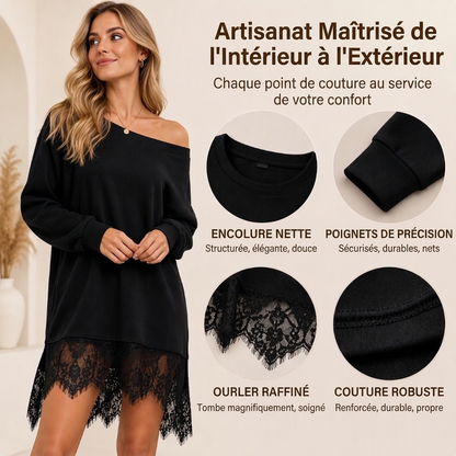 Sweat-shirt mi-long élégant à bordure en dentelle pour femme
