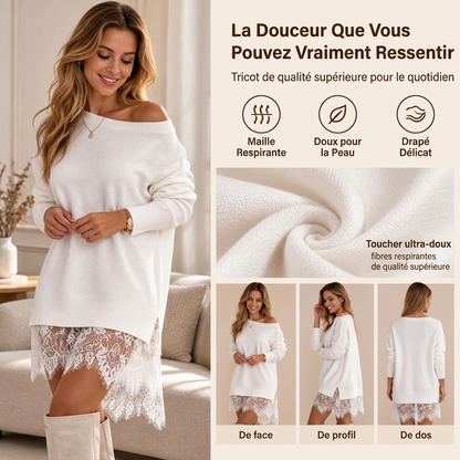 Sweat-shirt mi-long élégant à bordure en dentelle pour femme
