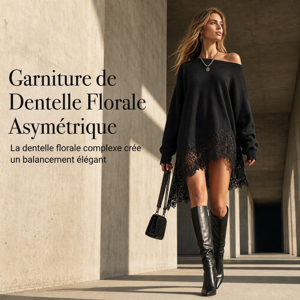 Robe pull oversize à épaules dénudées pour femme, avec bord asymétrique en dentelle florale