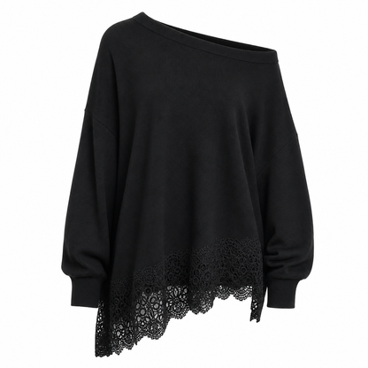 Robe pull oversize à épaules dénudées pour femme, avec bord asymétrique en dentelle florale