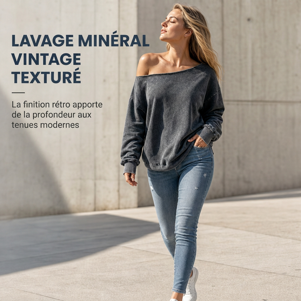 Sweat-shirt décontracté à épaules dénudées, lavage minéral, oversize et slouchy pour femme