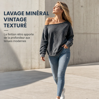 Sweat-shirt décontracté à épaules dénudées, lavage minéral, oversize et slouchy pour femme