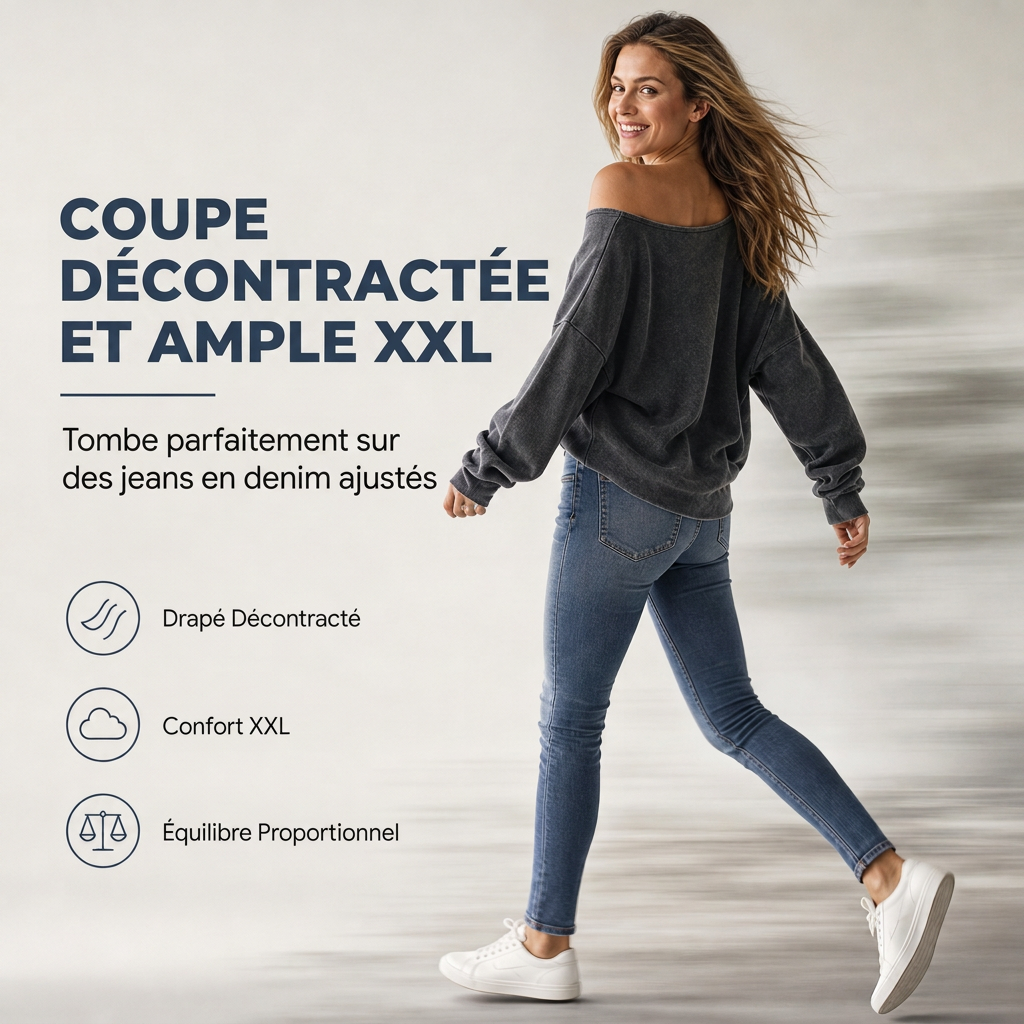 Sweat-shirt décontracté à épaules dénudées, lavage minéral, oversize et slouchy pour femme