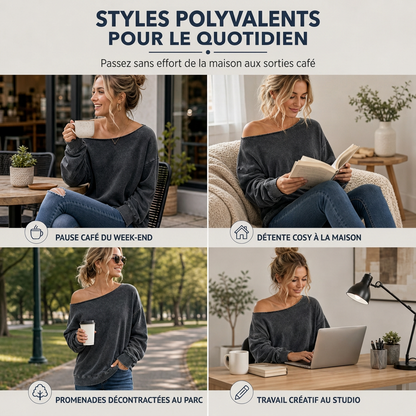 Sweat-shirt décontracté à épaules dénudées, lavage minéral, oversize et slouchy pour femme