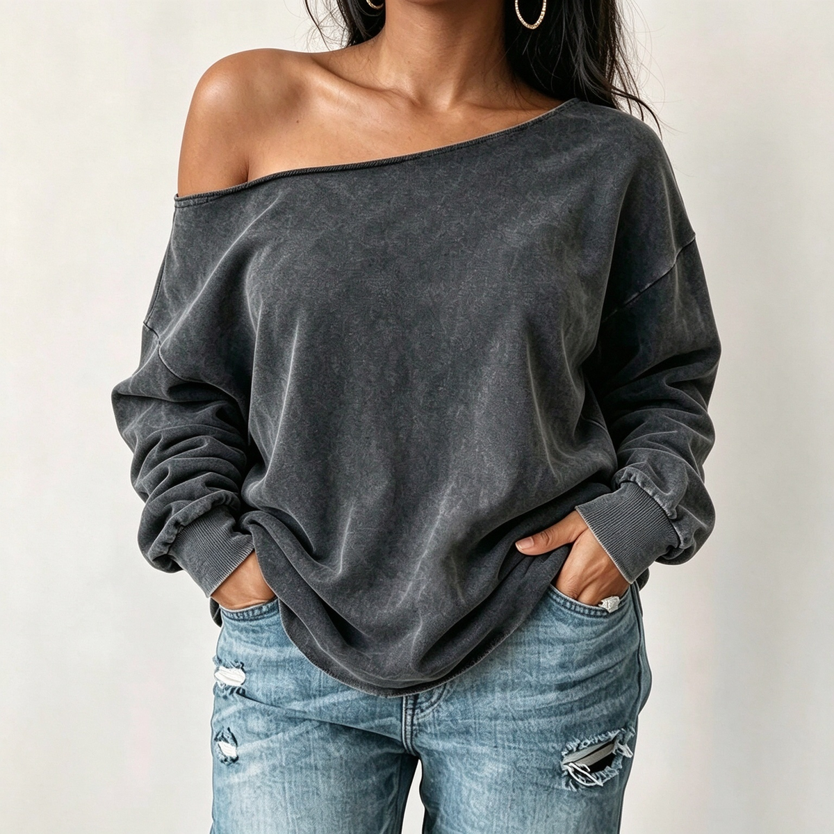 Sweat-shirt décontracté à épaules dénudées, lavage minéral, oversize et slouchy pour femme