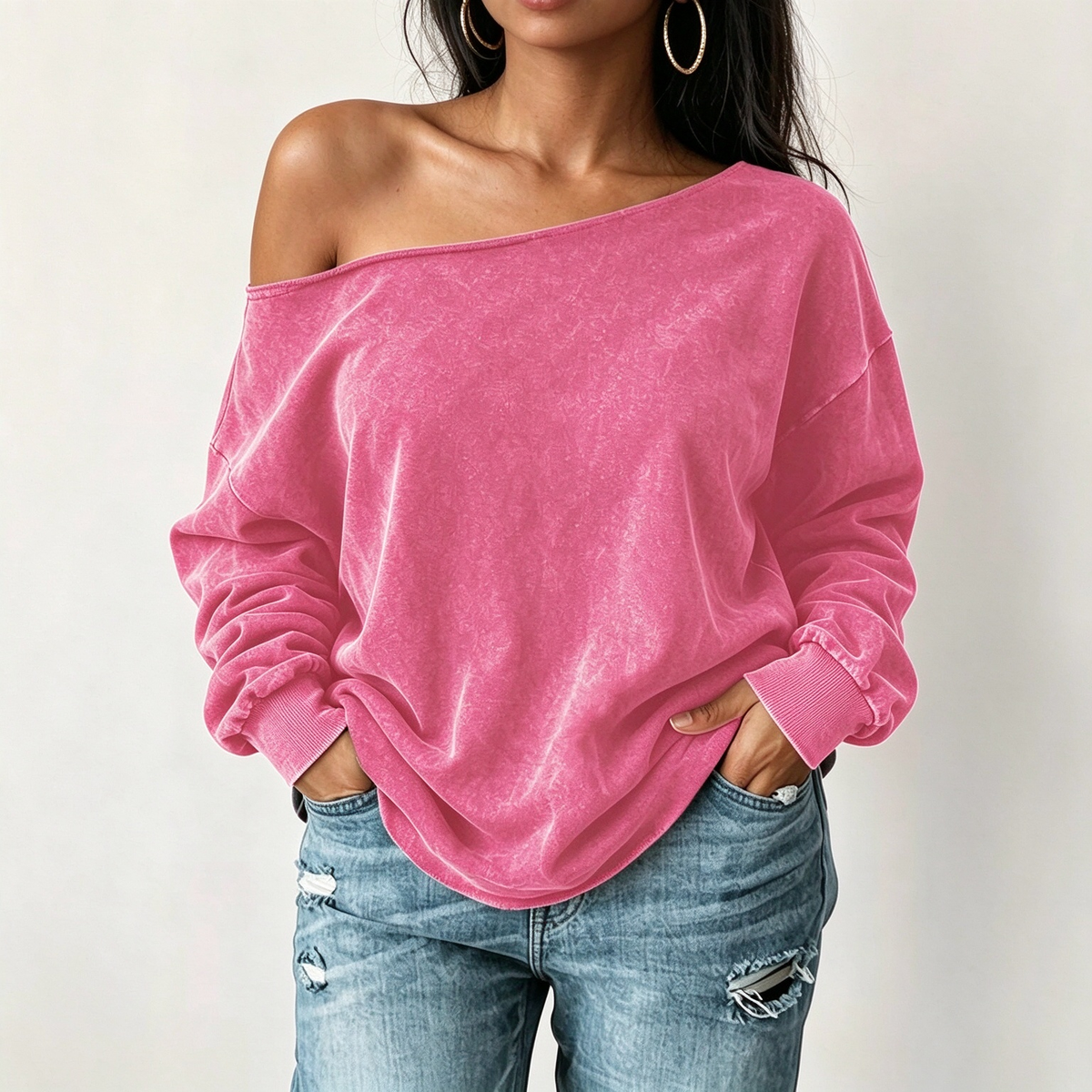 Sweat-shirt décontracté à épaules dénudées, lavage minéral, oversize et slouchy pour femme