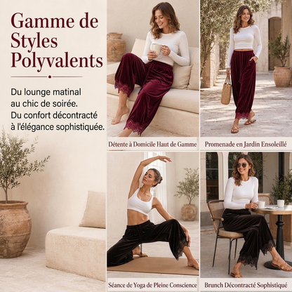Pantalon large en velours pour femmes avec garniture en dentelle