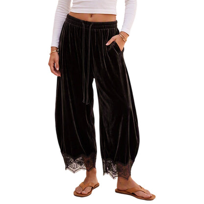 Pantalon large en velours pour femmes avec garniture en dentelle