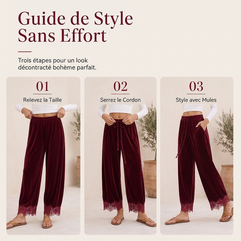 Pantalon large en velours pour femmes avec garniture en dentelle