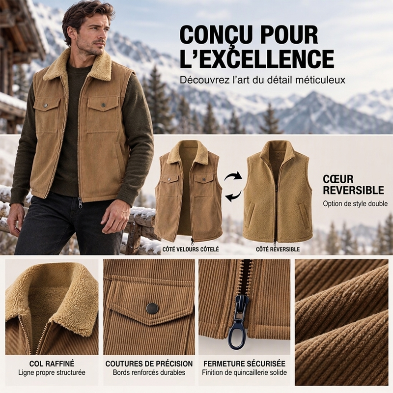 Gilet chaud en velours côtelé réversible unisexe