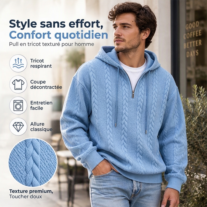 Pull à capuche en maille torsadée avec demi-zip pour homme