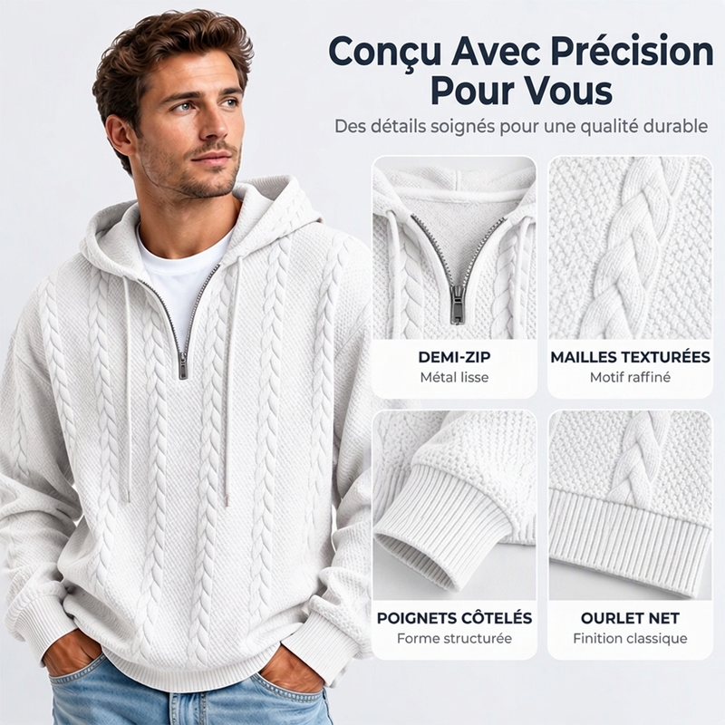 Pull à capuche en maille torsadée avec demi-zip pour homme