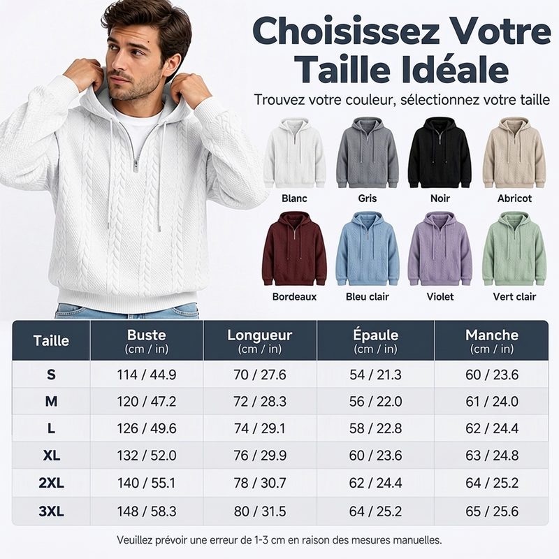Pull à capuche en maille torsadée avec demi-zip pour homme