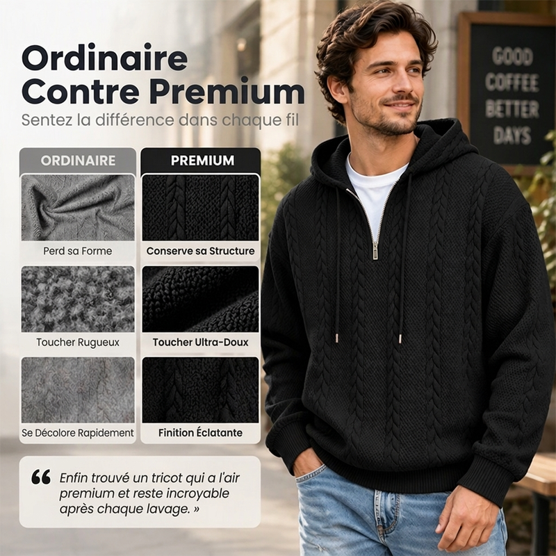 Pull à capuche en maille torsadée avec demi-zip pour homme