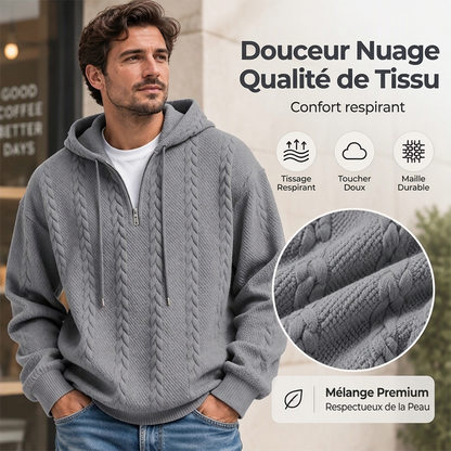 Pull à capuche en maille torsadée avec demi-zip pour homme