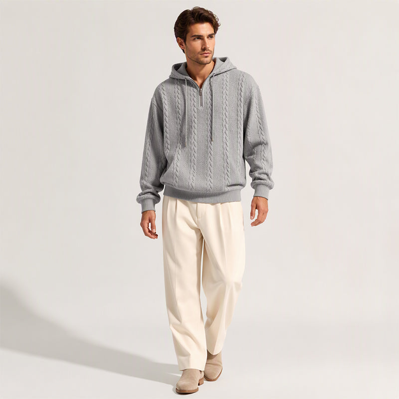 Pull à capuche en maille torsadée avec demi-zip pour homme