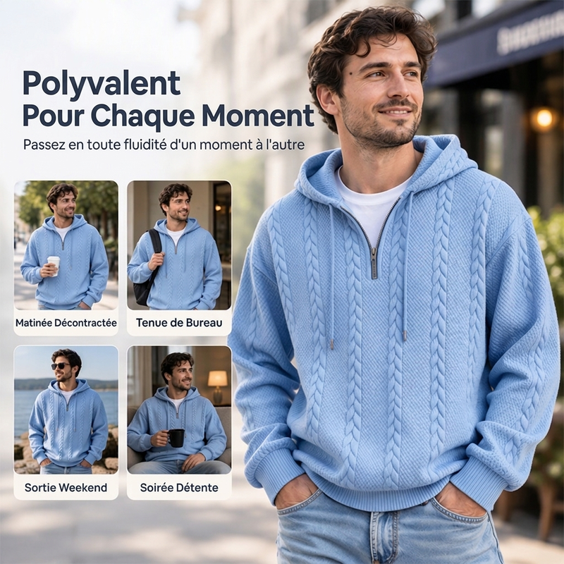 Pull à capuche en maille torsadée avec demi-zip pour homme